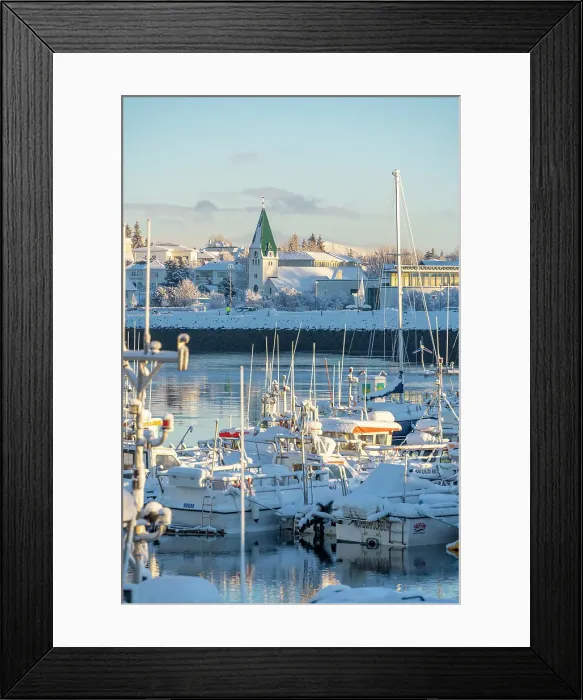 Framed Print : View of boats in Hafnarfjorour Marina and town in background in winter, Hafnarfjorour, Iceland Framed Print : View of boats in Hafnarfjorour Marina and town in background in winter, Hafnarfjorour, Iceland