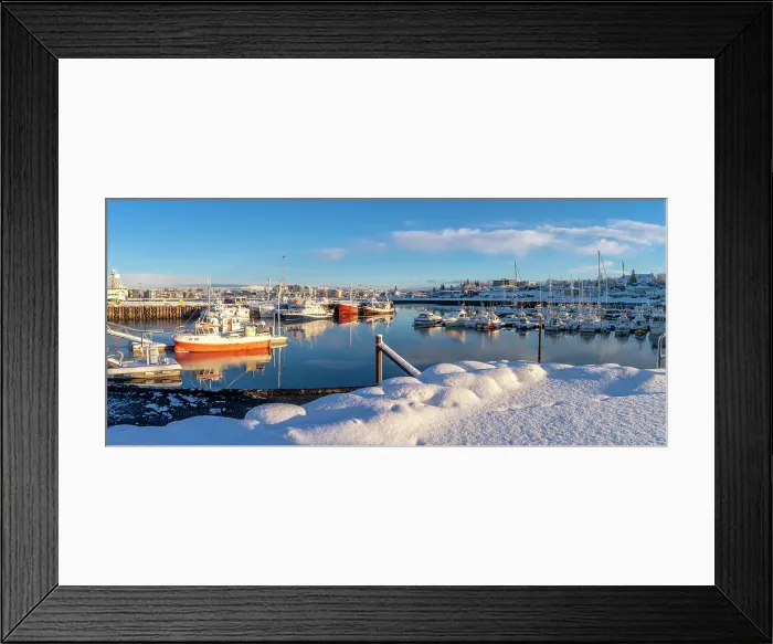 Framed Print : View of boats in Hafnarfjorour Marina and town in background in winter, Hafnarfjorour, Iceland Framed Print : View of boats in Hafnarfjorour Marina and town in background in winter, Hafnarfjorour, Iceland