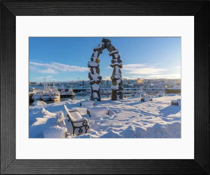 Framed Print : View of boats in Hafnarfjorour Marina and town in background in winter, Hafnarfjorour, Iceland Framed Print : View of boats in Hafnarfjorour Marina and town in background in winter, Hafnarfjorour, Iceland