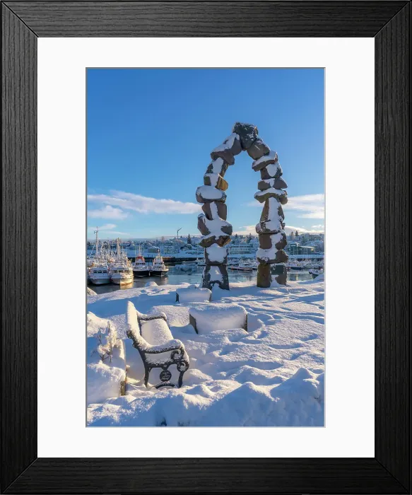 Framed Print : View of boats in Hafnarfjorour Marina and town in background in winter, Hafnarfjorour, Iceland Framed Print : View of boats in Hafnarfjorour Marina and town in background in winter, Hafnarfjorour, Iceland
