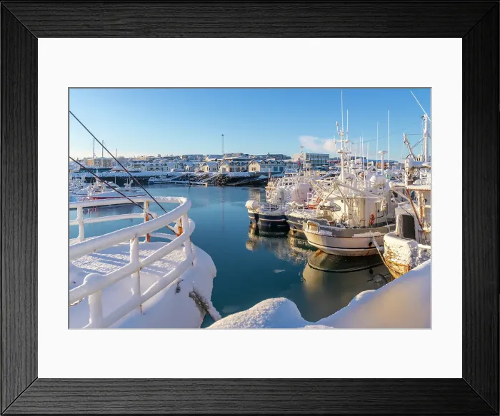 Framed Print : View of boats in Hafnarfjorour Marina and town in background in winter, Hafnarfjorour, Iceland Framed Print : View of boats in Hafnarfjorour Marina and town in background in winter, Hafnarfjorour, Iceland
