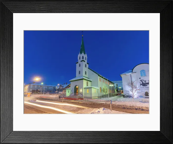 Framed Print : View of the Lutheran Free Church in the city centre of Reykjavik at dusk in winter, Reykjavik, Iceland
