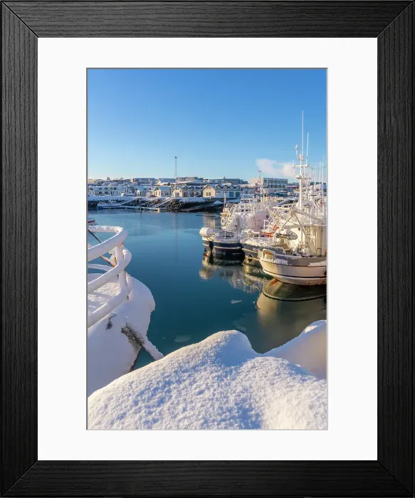Framed Print : View of boats in Hafnarfjorour Marina and town in background in winter, Hafnarfjorour, Iceland Framed Print : View of boats in Hafnarfjorour Marina and town in background in winter, Hafnarfjorour, Iceland