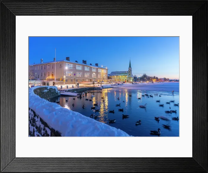 Framed Print : View of swans and ducks with Lutheran Free Church in background in the city centre of Reykjavik at dusk in winter, Reykjavik, Iceland Framed Print : View of swans and ducks with Lutheran Free Church in background in the city centre of Reykjavik at dusk in winter, Reykjavik, Iceland