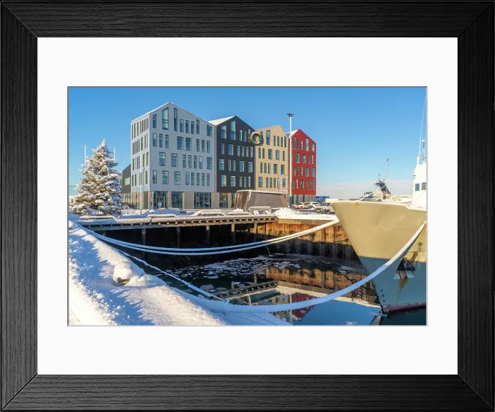 Framed Print : View of colourful buildings around Hafnarfjorour Marina in winter, Hafnarfjorour, Iceland