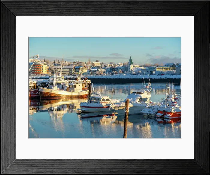 Framed Print : View of boats in Hafnarfjorour Marina and town in background in winter, Hafnarfjorour, Iceland