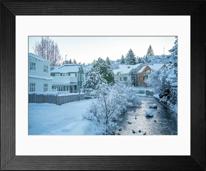 Framed Print : View of icy river and houses in Hafnarfjorour at sunrise in winter, Hafnarfjorour, Reykjavik, Iceland Framed Print : View of icy river and houses in Hafnarfjorour at sunrise in winter, Hafnarfjorour, Reykjavik, Iceland