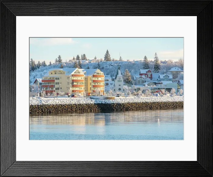 Framed Print : View of town and church from Hafnarfjorour Marina in winter, Hafnarfjorour, Iceland Framed Print : View of town and church from Hafnarfjorour Marina in winter, Hafnarfjorour, Iceland