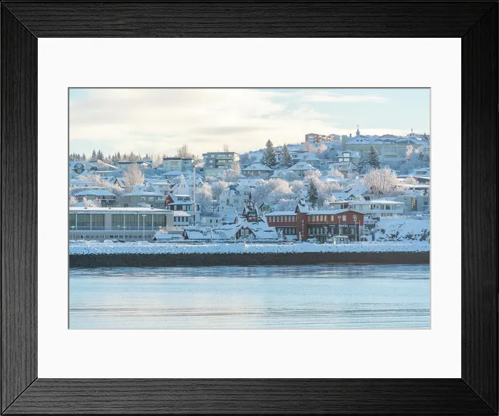Framed Print : View of town and church from Hafnarfjorour Marina in winter, Hafnarfjorour, Iceland Framed Print : View of town and church from Hafnarfjorour Marina in winter, Hafnarfjorour, Iceland