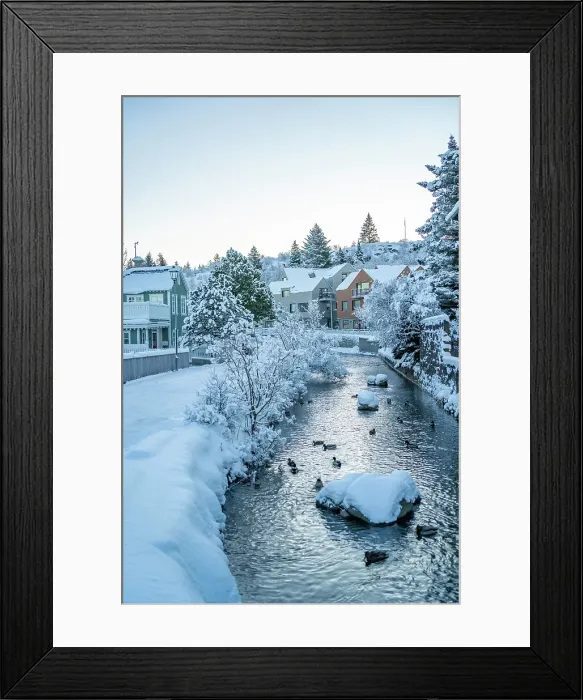 Framed Print : View of icy river and houses in Hafnarfjorour at sunrise in winter, Hafnarfjorour, Reykjavik, Iceland Framed Print : View of icy river and houses in Hafnarfjorour at sunrise in winter, Hafnarfjorour, Reykjavik, Iceland