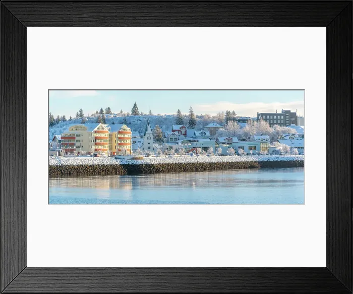 Framed Print : View of town and church from Hafnarfjorour Marina in winter, Hafnarfjorour, Iceland Framed Print : View of town and church from Hafnarfjorour Marina in winter, Hafnarfjorour, Iceland