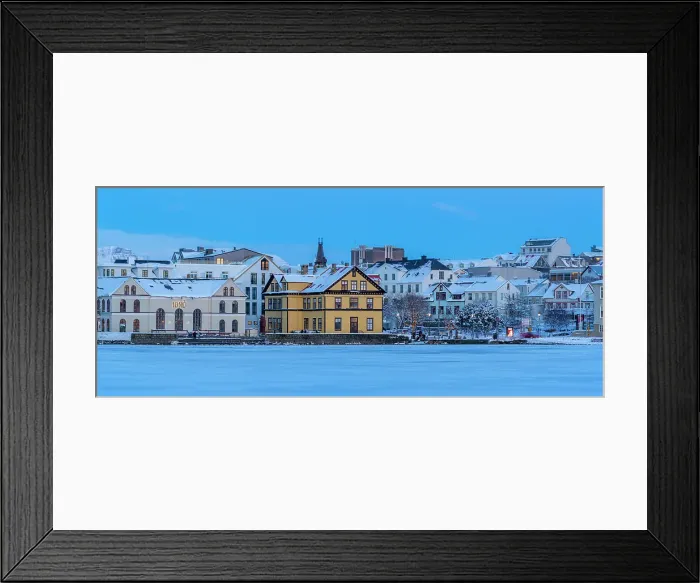 Framed Print : View of the city skyline of Reykjavik from Tjornin lake at sunset in winter, Reykjavik, Iceland