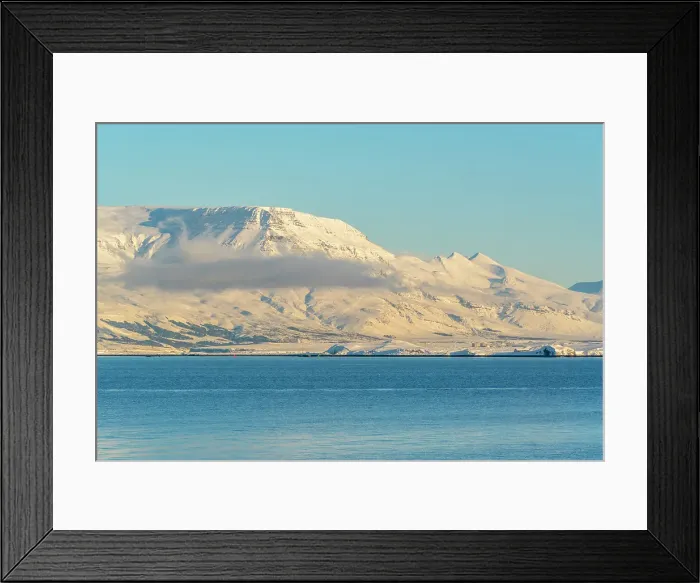 Framed Print : View of mountainous coastline North of the city seen from Reykjavik in winter, Reykjavik, Iceland Framed Print : View of mountainous coastline North of the city seen from Reykjavik in winter, Reykjavik, Iceland