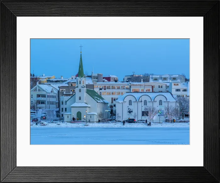 Framed Print : View of the city skyline of Reykjavik from Tjornin lake at sunset in winter, Reykjavik, Iceland