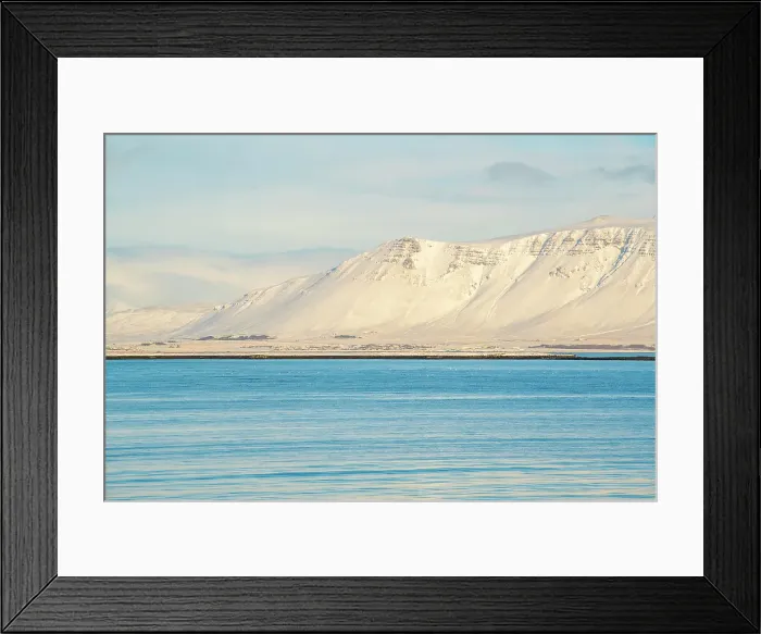 Framed Print : View of mountainous coastline North of the city seen from Reykjavik in winter, Reykjavik, Iceland Framed Print : View of mountainous coastline North of the city seen from Reykjavik in winter, Reykjavik, Iceland
