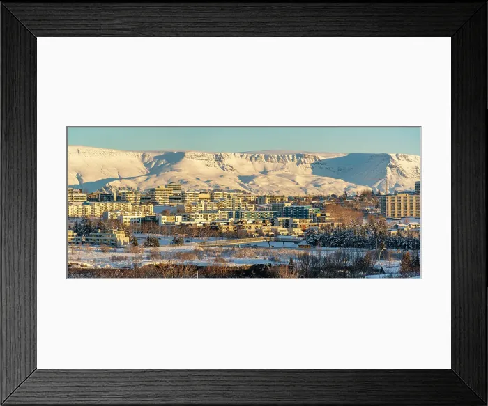Framed Print : View of Reykjavik and mountains in background on a sunny day in winter from Kopavogskirkja, Reykjavik, Iceland