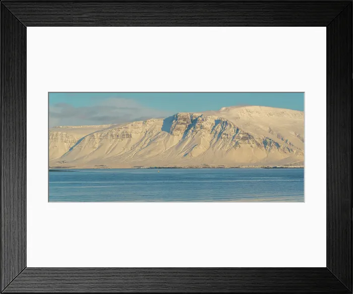 Framed Print : View of mountainous coastline North of the city seen from Reykjavik in winter, Reykjavik, Iceland Framed Print : View of mountainous coastline North of the city seen from Reykjavik in winter, Reykjavik, Iceland
