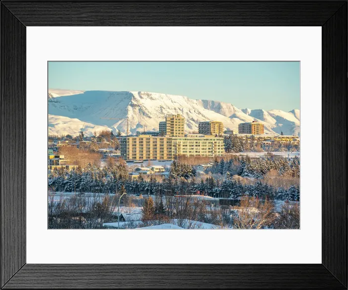 Framed Print : View of Reykjavik and mountains in background on a sunny day in winter from Kopavogskirkja, Reykjavik, Iceland Framed Print : View of Reykjavik and mountains in background on a sunny day in winter from Kopavogskirkja, Reykjavik, Iceland