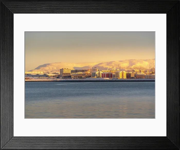 Framed Print : View of mountainous coastline and the city of Reykjavik in winter, Reykjavik, Iceland Framed Print : View of mountainous coastline and the city of Reykjavik in winter, Reykjavik, Iceland