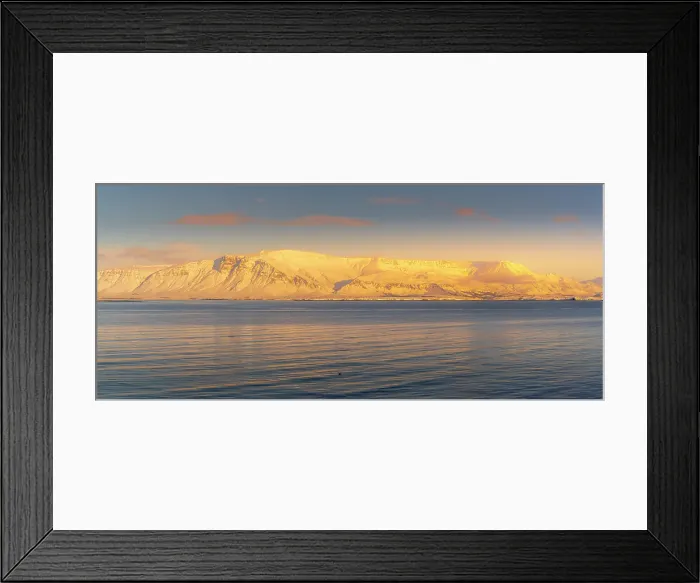 Framed Print : View of mountainous coastline North of the city seen from Reykjavik in winter, Reykjavik, Iceland Framed Print : View of mountainous coastline North of the city seen from Reykjavik in winter, Reykjavik, Iceland