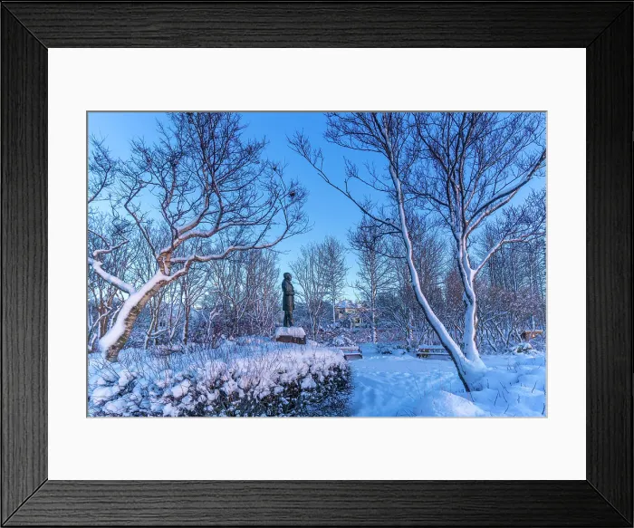 Framed Print : View of the Jonas Hallgrímsson statue, 1807-1845, in the city centre of Reykjavik at sunset in winter, Reykjavik, Iceland Framed Print : View of the Jonas Hallgrímsson statue, 1807-1845, in the city centre of Reykjavik at sunset in winter, Reykjavik, Iceland
