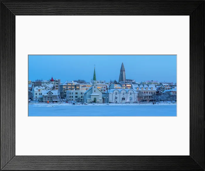 Framed Print : View of the Hallgrimskirkja Church and city skyline of Reykjavik from Tjornin lake at sunset in winter, Reykjavik, Iceland Framed Print : View of the Hallgrimskirkja Church and city skyline of Reykjavik from Tjornin lake at sunset in winter, Reykjavik, Iceland