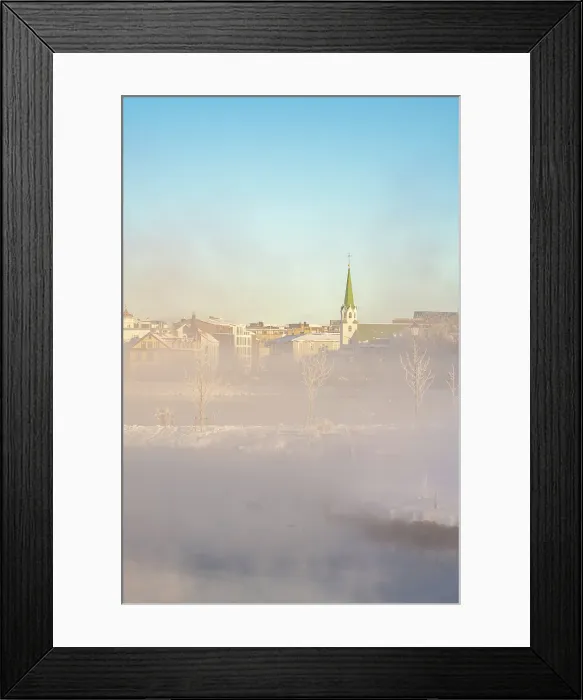 Framed Print : View of morning mist in Tjornin park and Lutheran Free Church on a sunny day in winter, Reykjavik, Iceland Framed Print : View of morning mist in Tjornin park and Lutheran Free Church on a sunny day in winter, Reykjavik, Iceland