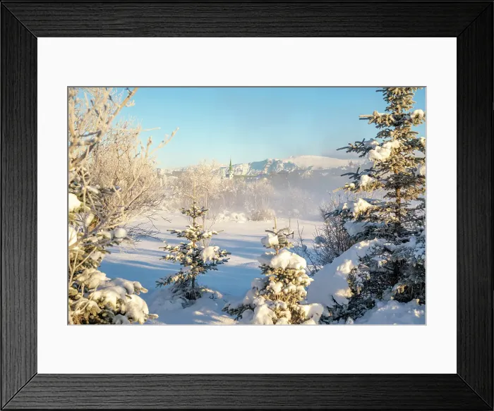 Framed Print : View of morning mist in Tjornin park and Lutheran Free Church on a sunny day in winter, Reykjavik, Iceland Framed Print : View of morning mist in Tjornin park and Lutheran Free Church on a sunny day in winter, Reykjavik, Iceland