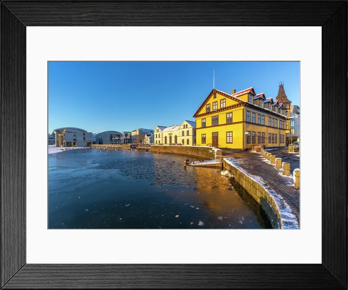 Framed Print : View of colourful buildings and City Hall in background in the city centre of Reykjavik in winter, Reykjavik, Iceland Framed Print : View of colourful buildings and City Hall in background in the city centre of Reykjavik in winter, Reykjavik, Iceland