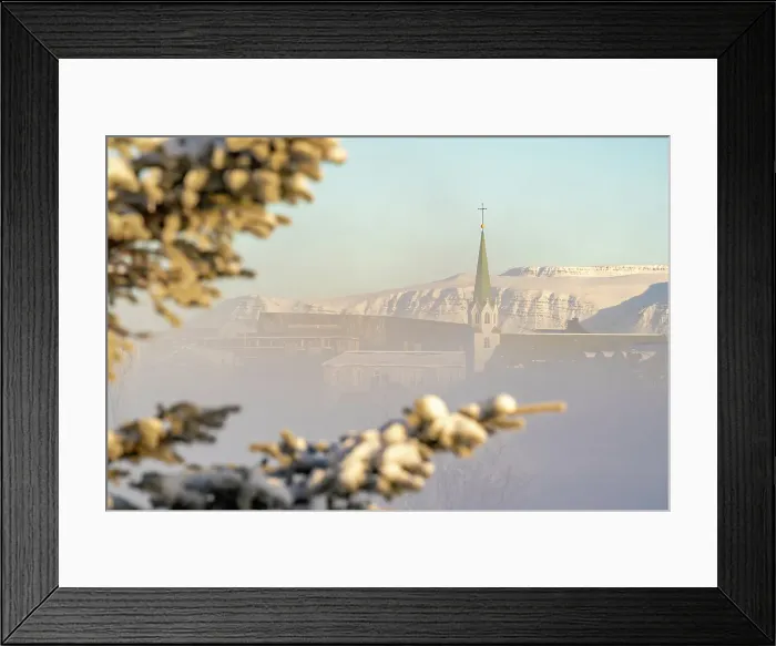 Framed Print : View of morning mist in Tjornin park and Lutheran Free Church on a sunny day in winter, Reykjavik, Iceland Framed Print : View of morning mist in Tjornin park and Lutheran Free Church on a sunny day in winter, Reykjavik, Iceland