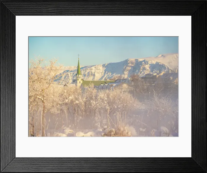Framed Print : View of morning mist in Tjornin park and Lutheran Free Church on a sunny day in winter, Reykjavik, Iceland Framed Print : View of morning mist in Tjornin park and Lutheran Free Church on a sunny day in winter, Reykjavik, Iceland