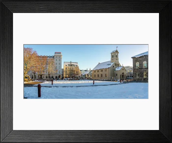 Framed Print : View of Reykjavik Cathedral from Austurvollur park and gardens on a sunny day in winter, Reykjavik, Iceland Framed Print : View of Reykjavik Cathedral from Austurvollur park and gardens on a sunny day in winter, Reykjavik, Iceland
