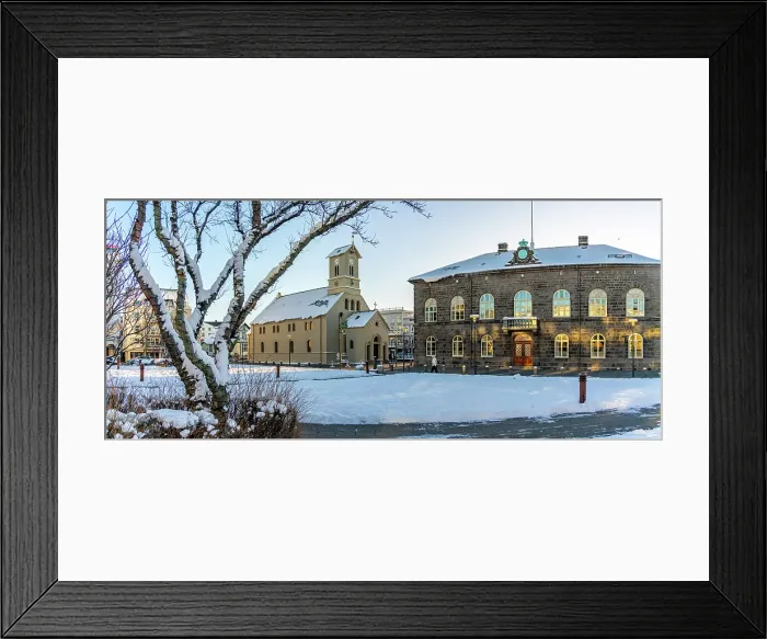 Framed Print : View of Reykjavik Cathedral from Austurvollur park and gardens on a sunny day in winter, Reykjavik, Iceland Framed Print : View of Reykjavik Cathedral from Austurvollur park and gardens on a sunny day in winter, Reykjavik, Iceland