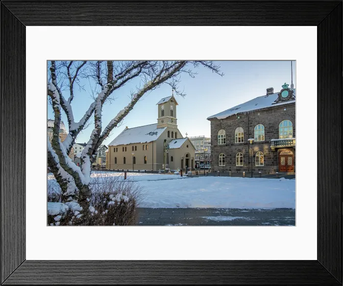 Framed Print : View of Reykjavik Cathedral from Austurvollur park and gardens on a sunny day in winter, Reykjavik, Iceland Framed Print : View of Reykjavik Cathedral from Austurvollur park and gardens on a sunny day in winter, Reykjavik, Iceland