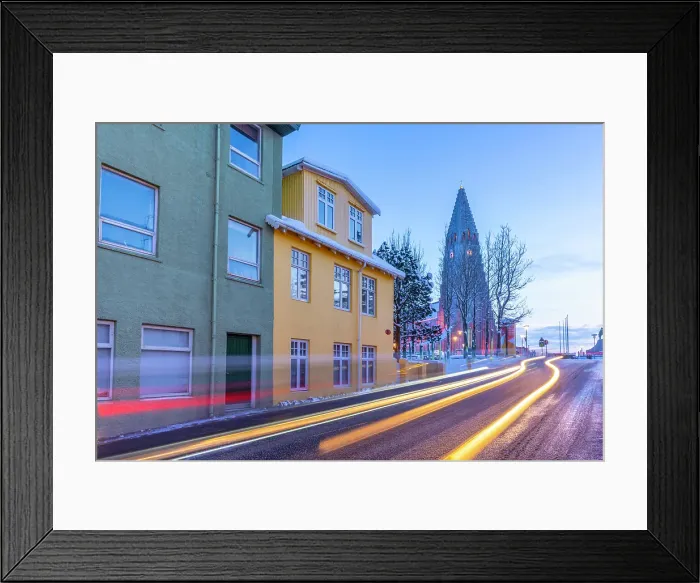 Framed Print : View of buildings in the city centre and Hallgrimskirkja church at dusk in winter, Reykjavik, Iceland Framed Print : View of buildings in the city centre and Hallgrimskirkja church at dusk in winter, Reykjavik, Iceland