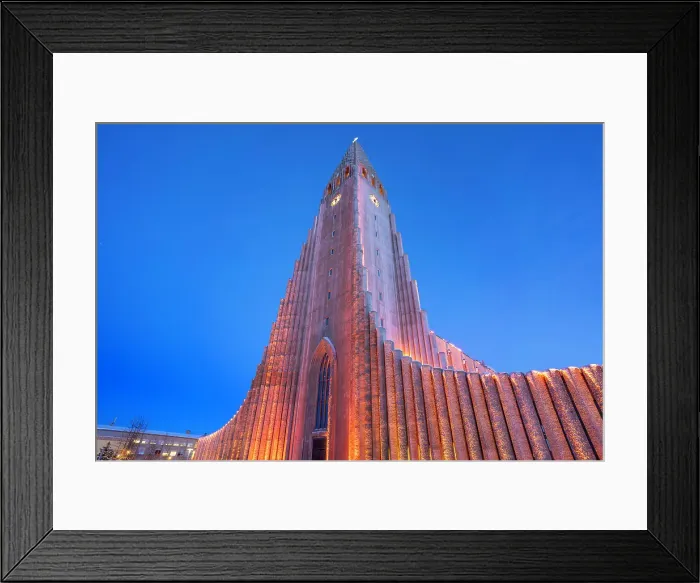 Framed Print : View of Hallgrimskirkja church illuminated at dusk in winter, Reykjavik, Iceland Framed Print : View of Hallgrimskirkja church illuminated at dusk in winter, Reykjavik, Iceland