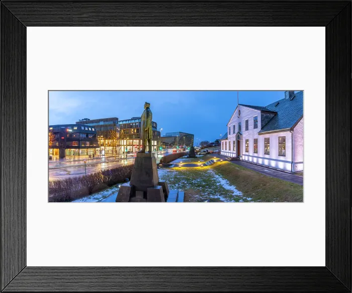 Framed Print : View of Hannes Hafstein statue and Prime Minister's Office in city centre of Reykjavik at dusk, Reykjavik, Iceland Framed Print : View of Hannes Hafstein statue and Prime Minister's Office in city centre of Reykjavik at dusk, Reykjavik, Iceland