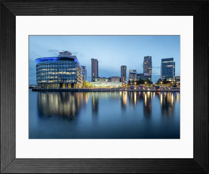 Framed Print : Media City, at twilight, Salford Quays, Manchester, Lancashire, England, United Kingdom Framed Print : Media City, at twilight, Salford Quays, Manchester, Lancashire, England, United Kingdom