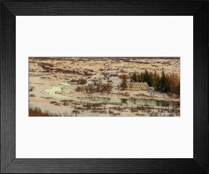 Framed Print : View of river, chapel and houses in Thingvellir National Park, UNESCO, in winter, Western Region, Iceland Framed Print : View of river, chapel and houses in Thingvellir National Park, UNESCO, in winter, Western Region, Iceland