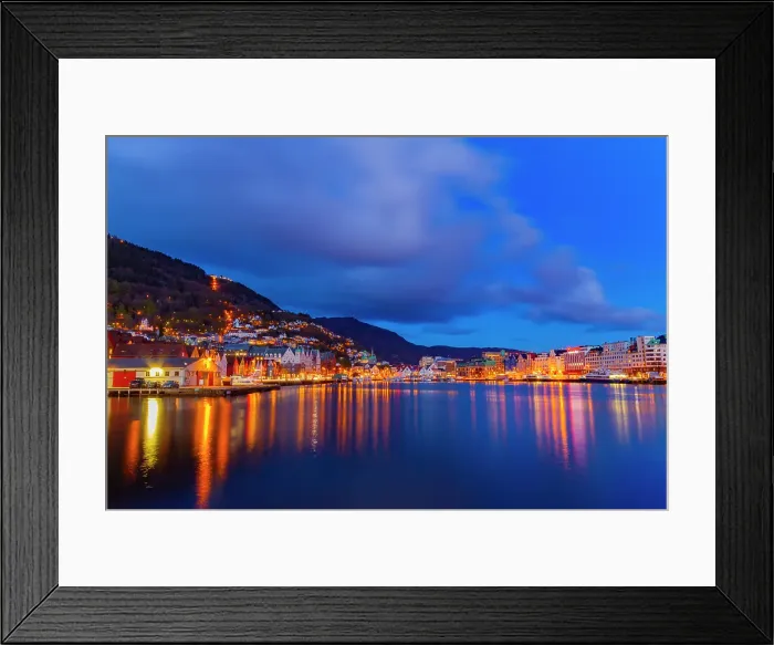Framed Print : View at night of the harbor in the city of Bergen, Vestland, Norway Framed Print : View at night of the harbor in the city of Bergen, Vestland, Norway