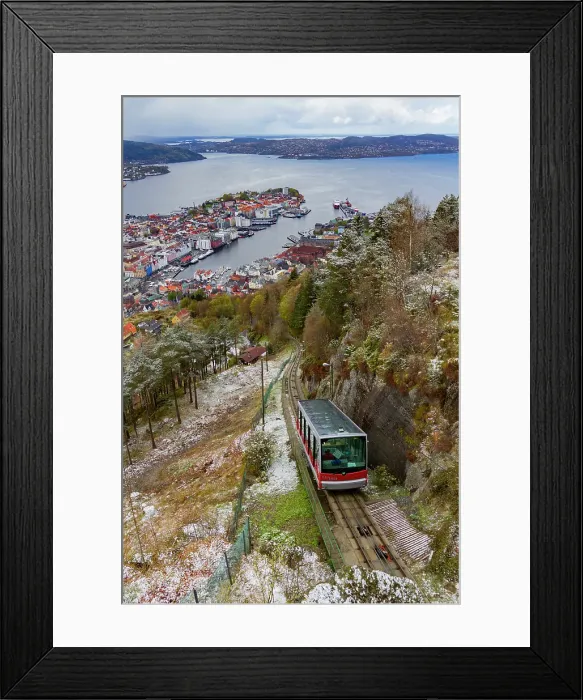 Framed Print : View from the funicular overlooking the city of Bergen, Vestland, Norway Framed Print : View from the funicular overlooking the city of Bergen, Vestland, Norway