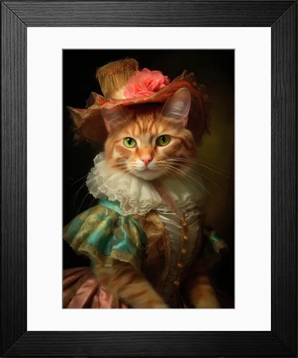 Framed Print : AI generated image of Brown cat dressed in colorful medieval attire