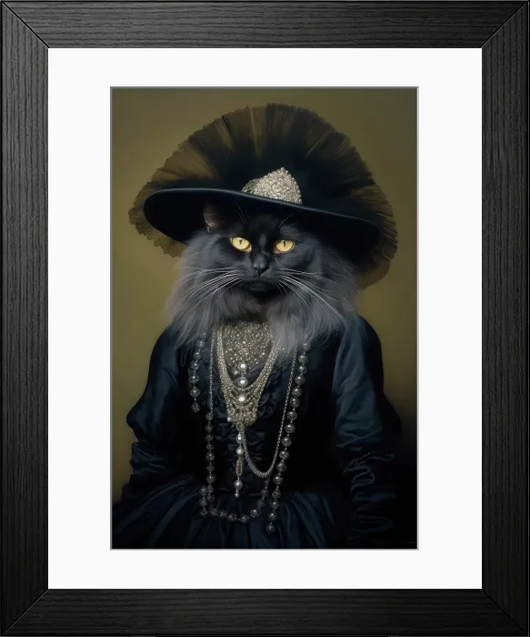 Framed Print : AI generated image of Black long-haired Angora Cat dressed in a sumptuous black attire and wearing a hat Framed Print : AI generated image of Black long-haired Angora Cat dressed in a sumptuous black attire and wearing a hat