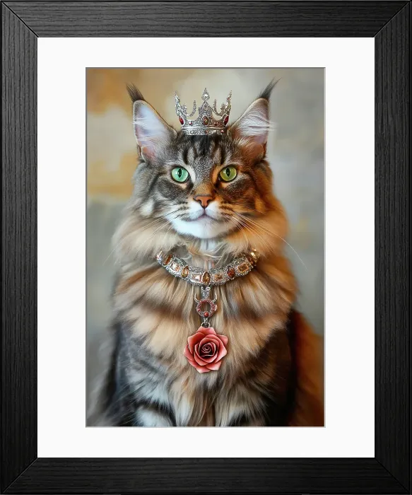 Framed Print : AI generated image of Maine coon cat dressed in medieval attire with jewels, crown and a red devil rose around the neck Framed Print : AI generated image of Maine coon cat dressed in medieval attire with jewels, crown and a red devil rose around the neck
