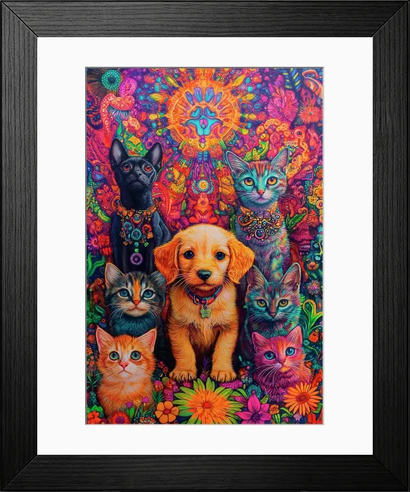 Framed Print : AI generated image of Puppies dogs and cats in a colorful flower setting Framed Print : AI generated image of Puppies dogs and cats in a colorful flower setting