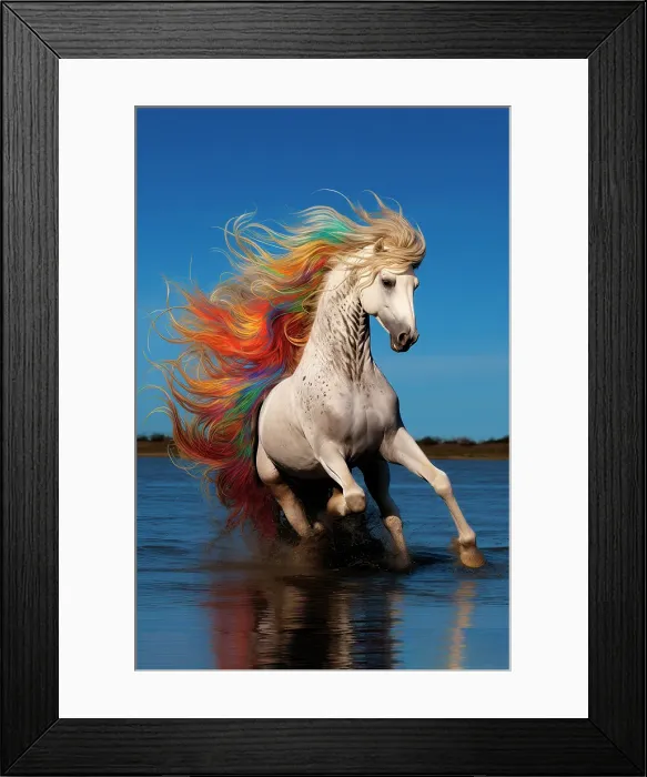Framed Print : AI generated image of White horse with a flamboyant mane galloping in the water Framed Print : AI generated image of White horse with a flamboyant mane galloping in the water