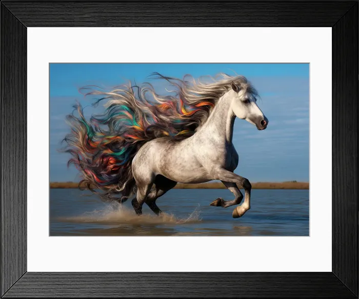 Framed Print : AI generated image of White horse with a flamboyant mane galloping in the water Framed Print : AI generated image of White horse with a flamboyant mane galloping in the water