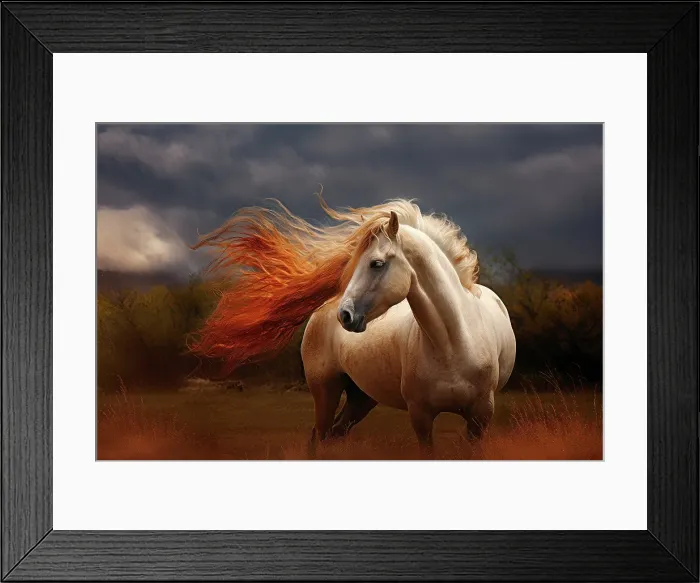 Framed Print : AI generated image of White horse with a flamboyant mane Framed Print : AI generated image of White horse with a flamboyant mane
