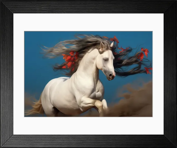 Framed Print : AI generated image of White horse with flowered mane