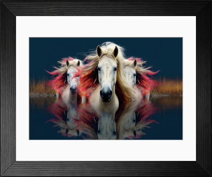 Framed Print : AI generated image of White horses with flamboyant mane reflecting in the water of an imaginary pond with reddish vegetation Framed Print : AI generated image of White horses with flamboyant mane reflecting in the water of an imaginary pond with reddish vegetation